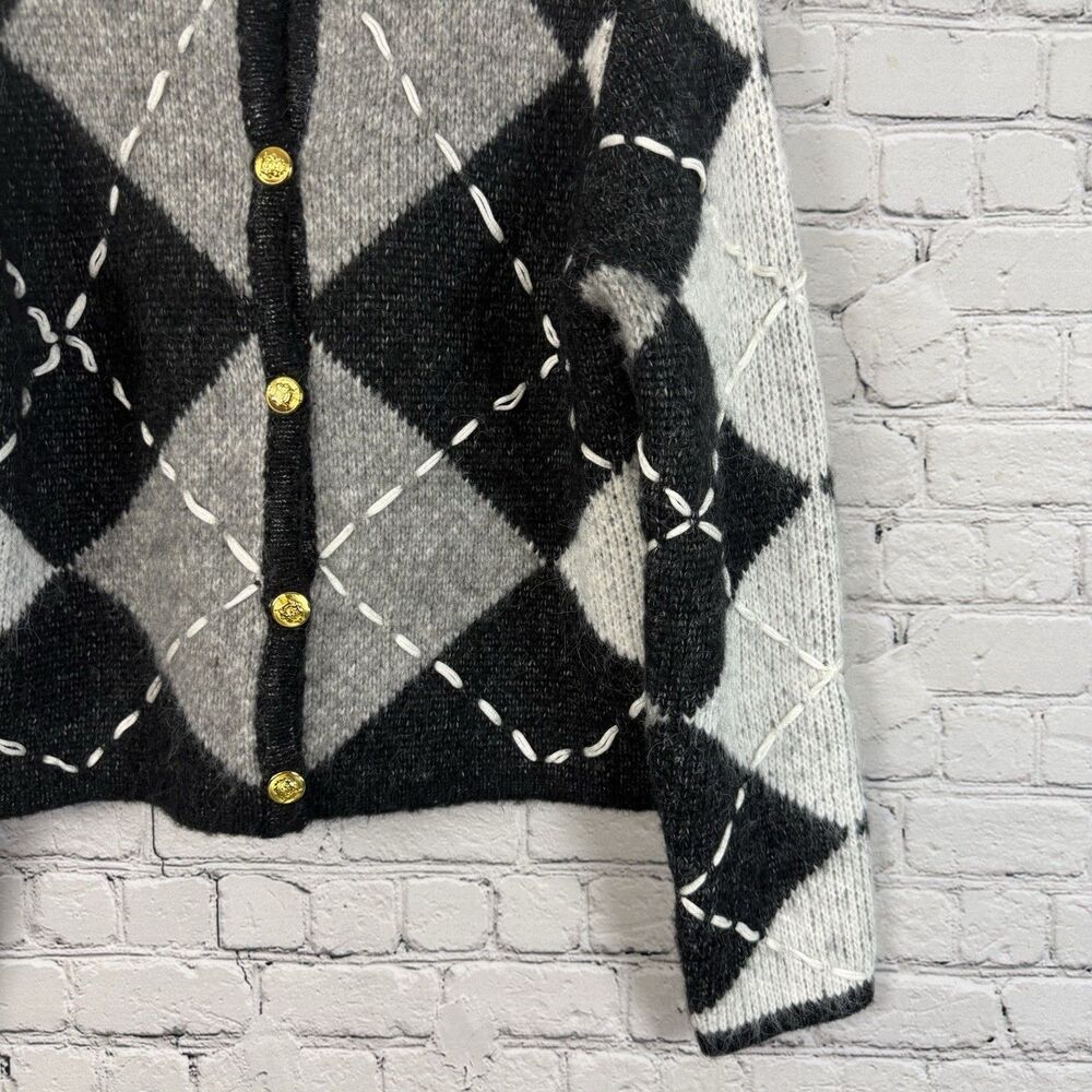 English Factory Argyle Cardigan Women S Heavyweight Cross Stitch Knit Black Gray - Picture 6 of 13
